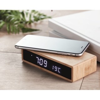 Cargador inalámbrico de bambú multifuncional con reloj despertador